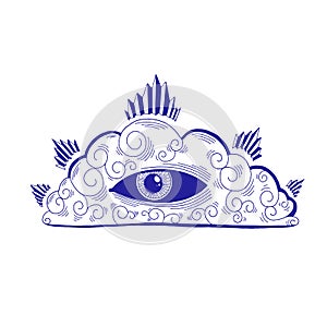 Mystic eye in the cloud illustration, esoteric sign,magic life. Vintage old style, graphic line. Isolated in white background