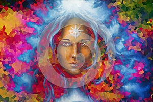 Mystic face women, with color background collage. eye contact .