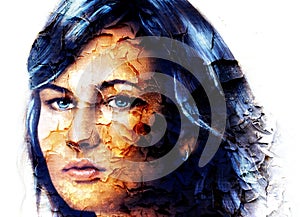 Mystic face women, with structure crackle background effect, collage. eye contact