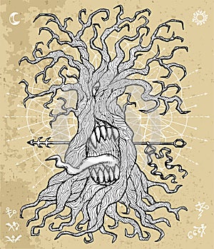 Mystic fantasy tree line art vector illustration with occult and esoteric symbols