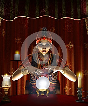 Mystic female Gypsy fortune teller with a lighted crystal ball