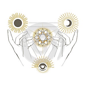 Mystic Female Hands with Moon Sun and Allseeing Eye Esoteric Symbols Illustration