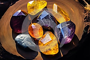 Mystic five small crystals lie on a stone background in the wood, in the style of dark purple and light amber.