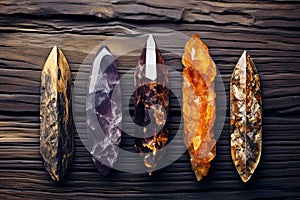 Mystic five small crystals lie on a stone background in the wood, in the style of dark purple and light amber.