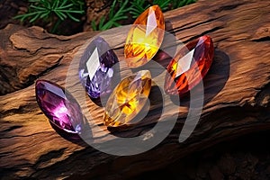 Mystic five small crystals lie on a stone background in the wood, in the style of dark purple and light amber.