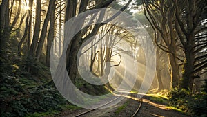 Mystic forest path sunlight through mist