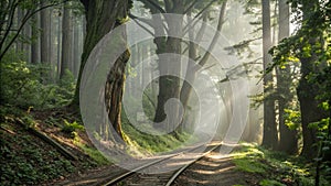 Mystic forest path sunlight through mist