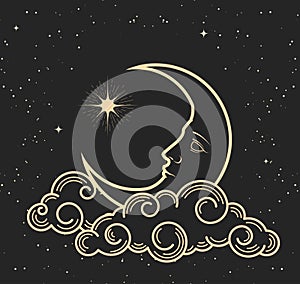 Mystic half-moon with face sleeps on clouds, crescent and guiding pole star, tarot style magic astrology symbol