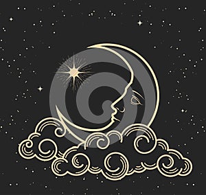 Mystic half-moon with face sleeps on clouds, crescent and guiding pole star, tarot style magic astrology symbol photo