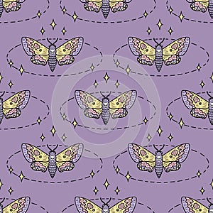 Mystic hawk moth death head butterfly seamless pattern. Perfect print for tee, paper, textile and fabric. Hand drawn vector