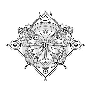 Mystic insect tattoo. Engraving mystical spiritual sketch design. Alchemy freemasonry occult vector symbol photo