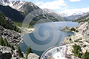 Mystic Lake Dam and Beartooth Mountains.