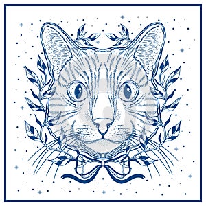 Mystic magic cat. Portrait face head hand drawn vintage style.Line art ink painting.Graphic design tatoo