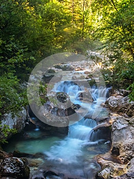 Mystic morning on the blue river Soca.Triglav National Park, Slovenia.