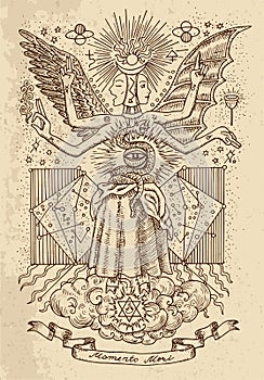 Mystic or occult drawing of spiritual symbols, goddess of wisdom and eternity, vignette banner and constellations on texture backg