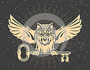 Mystic owl with key in claws, tarot wisdom and secret knowledge symbol, owl with spread wings photo