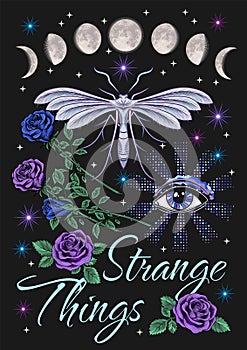Mystic poster with phases of moon, night butterfly