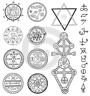 Mystic set with magic circles, pentagram and symbols