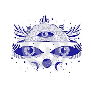 Mystic sight third eye illustration, esoteric sign,magic life. Vintage old style, graphic line. Isolated in white background