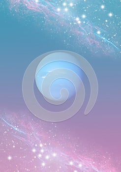 Mystic spiritual magic esoteric background with the planet Neptune, stars in blue pink colors