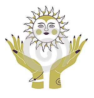 Mystic sun between woman hands, spiritual energy