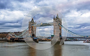 Mystic Tower Bridge in London on a cloudy evening