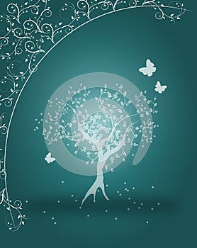 Mystic tree with white ornaments background