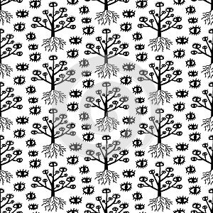 Mystic trees surreal hand drawn seamless pattern black white eyes