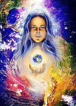 Mystic woman and earth collage. Hands holding planet Earth. Woman illustration.