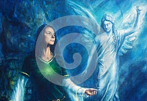 Mystic woman in historical dress with ornament and angel. Spiritual concept. Painting on canvas with abstract blue background.