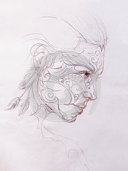 Mystic woman with ornament on face. pencil drawing on old paper.