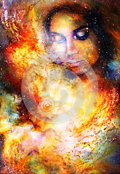 Mystic woman and sea shell in cosmic space. photo