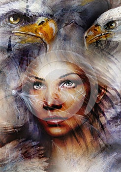 mystic woman and two eagles beautiful painting, eye contact, abstract background