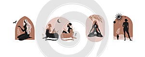 Mystic women, exotic woman, feminine concept illustration, beautiful esoteric women silhouettes . Flat style vector