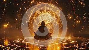 A mystical alchemist surrounded by glowing sigils and geometric patterns channeling the energy of the universe into photo