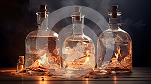 Mystical Alchemy: Three Bottles with Enigmatic Burning Elixirs