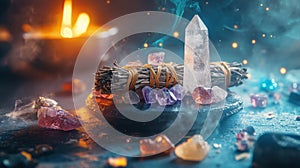 mystical altar with sage smudge stick and healing crystals, a banner layout representing mysticism and occult themes photo