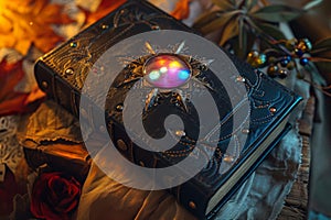 Mystical ancient book with glowing gemstone on cover surrounded by autumn leaves