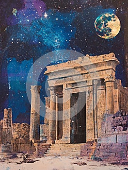 Mystical ancient temple in the desert with starry night sky and celestial atmosphere