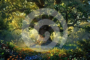 Mystical ancient tree illustration with lush foliage and dappled sunlight creating an enchanting forest atmosphere.