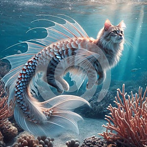 Mystical Aquatic Feline Elegance - A Fusion of Cat and Fish in Underwater Serenity - AI generated di