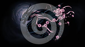 Mystical Asian Snake Dragon Among Cherry Blossoms flowers, Fantasy Wall Art, Fantasy books, game design, mythology and Asian photo