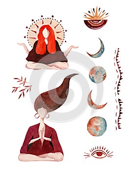 Mystical astrology aesthetic illustration. Set of watercolor illustrations isolated on white background