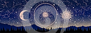 Mystical astrology banner, wheel with zodiac signs on the background of a night landscape, esoteric fortune telling
