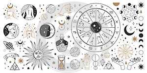 Mystical astrology, boho celestial and magic occult elements. Sacred mystic moon, sun, star, zodiac symbols and