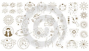 Mystical astrology elements. Magical space objects, planets, stars with female hands and faces vector illustration set