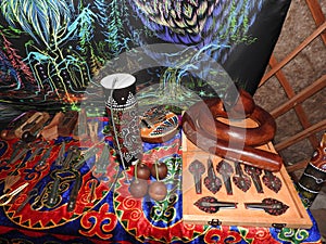 Mystical background with ritual objects of esoteric, occult, divination, magic objects. Occult, esoteric, divination and the