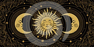 Mystical banner for astrology, tarot, boho design. Universe art, golden crescent and sun on a black background with clouds.