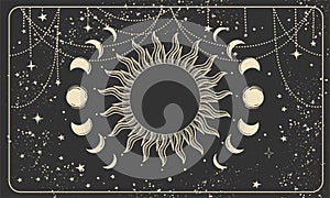Mystical banner with a lunar eclipse on a black background. Sun with rays and phases of the moon, boho background for