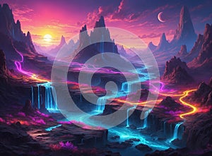 Mystical beautiful colorful landscape with flowing neons and river - Ai illustration